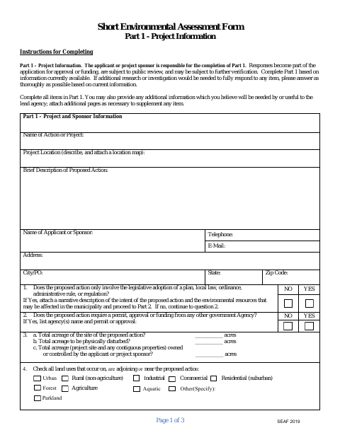 First page of the Short Environmental Assessment Form Part 1