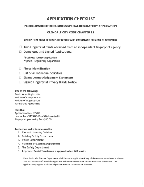 First page of the Business License Application (Peddler/Solicitor – Business)