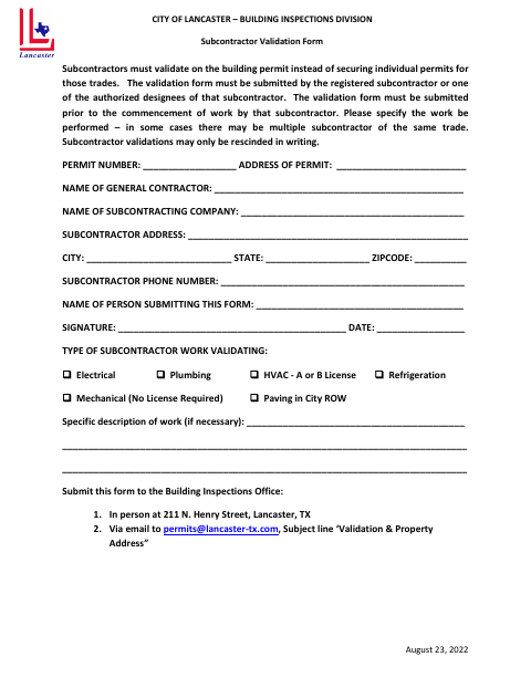 First page of the Subcontractor Validation Form