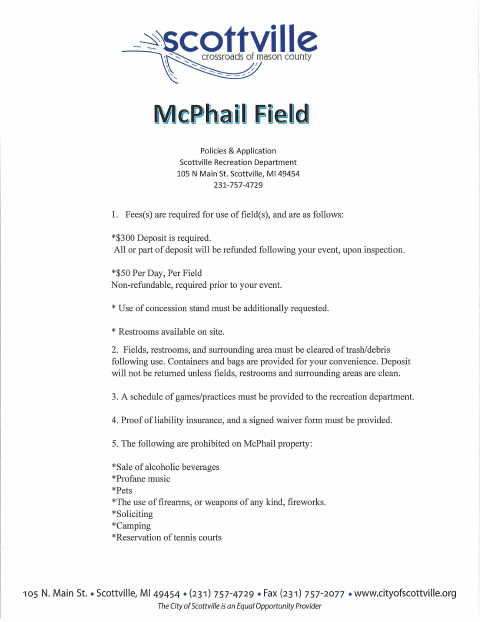 First page of the McPhail Field Use Application
