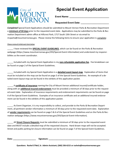 First page of the Special Event Application