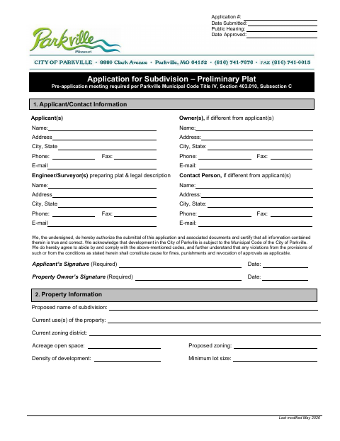 First page of the Subdivision Preliminary Plat Application