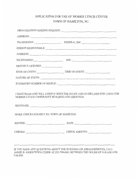 First page of the Application for Use of Morris Lynch Center