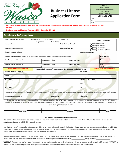 First page of the 2026 New Business License Application