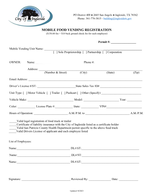 First page of the Mobile Food Vending Registration