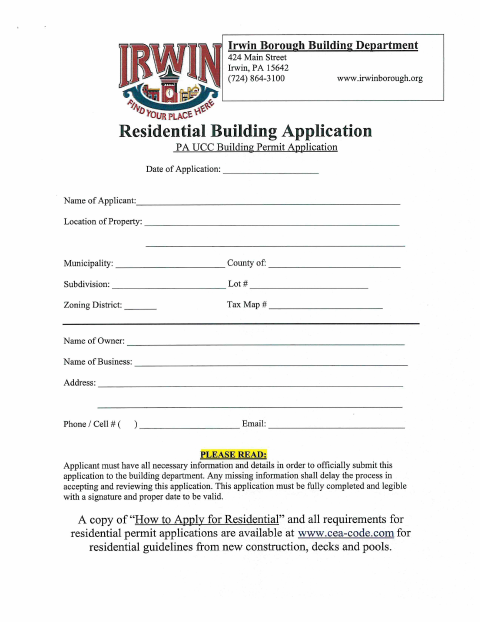First page of the Residential Building Permit Application