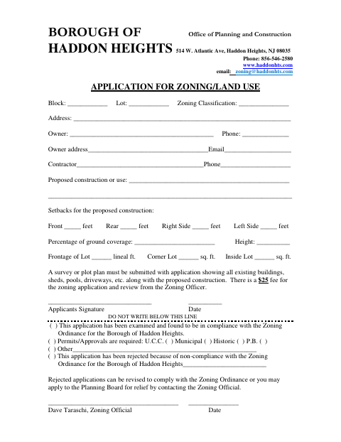 First page of the Zoning and Land Use Application