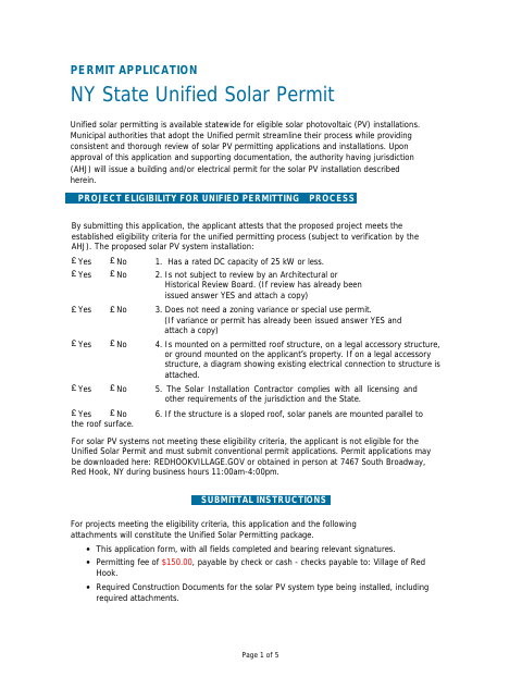 First page of the NY State Unified Solar Permit Application