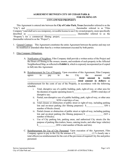 First page of the Agreement for Filming on City-Owned Property