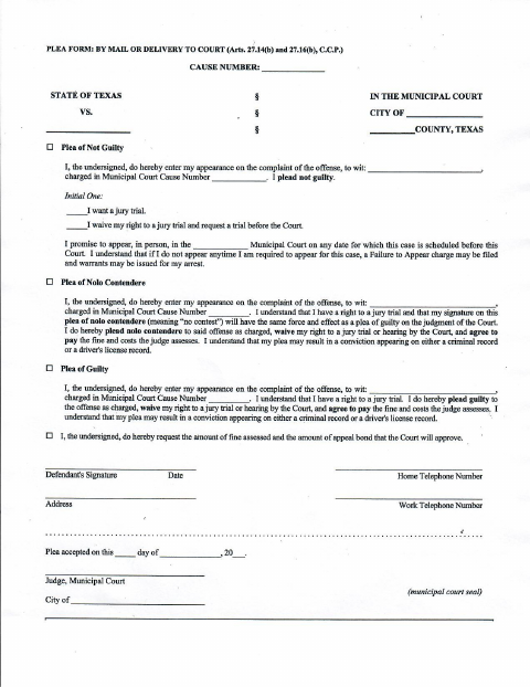 First page of the Plea Form by Mail or Delivery to Court