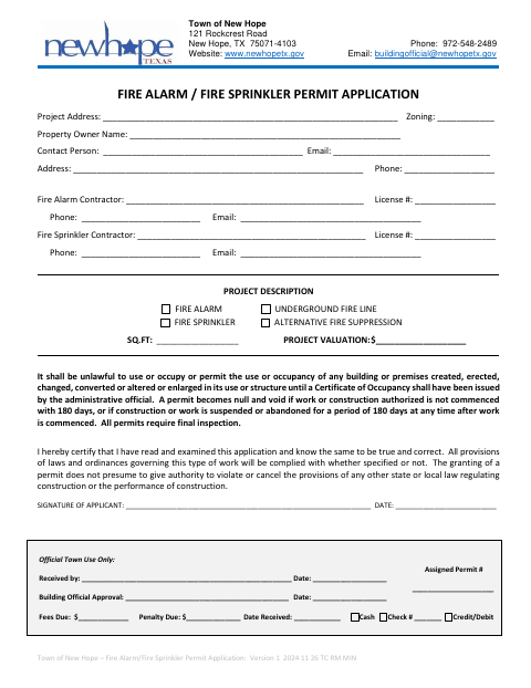 First page of the Fire Alarm/Fire Sprinkler Permit Application