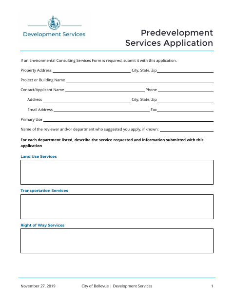First page of the Predevelopment Services Application