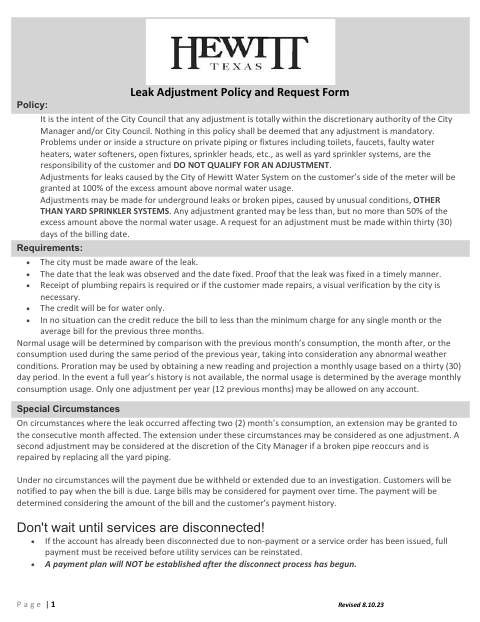 First page of the Leak Adjustment Policy and Request Form