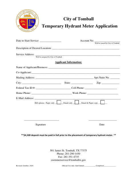 First page of the Temporary Hydrant Meter Application