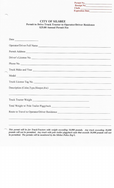 First page of the Truck/Tractor Parking Permit