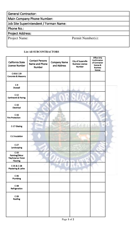 First page of the Subcontractors List