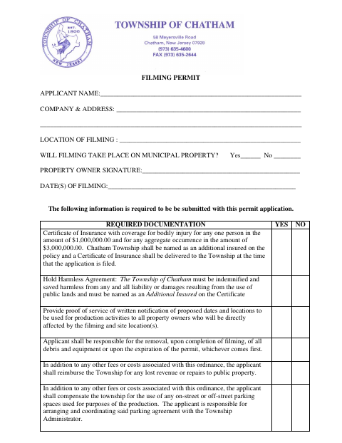 First page of the Film Permit Application