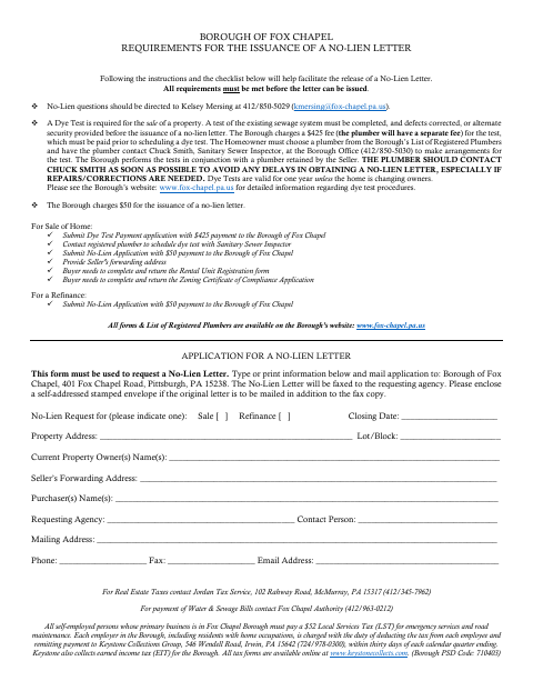 First page of the No-Lien Letter Application