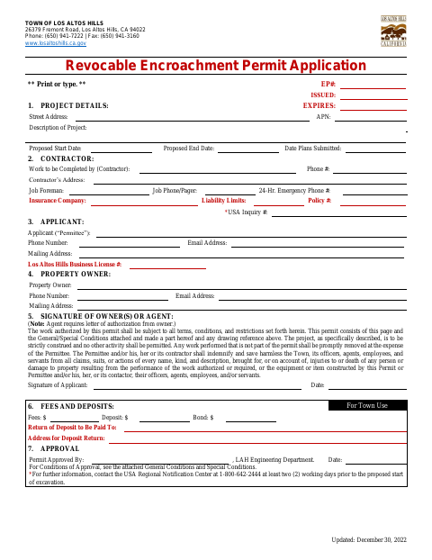 First page of the Revocable Encroachment Permit Application