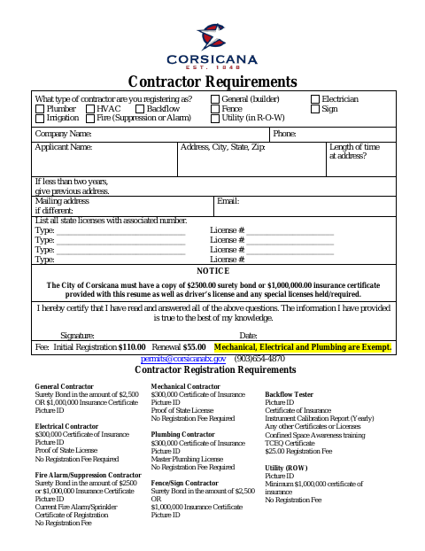 First page of the Contractor Registration