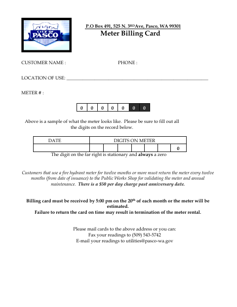 First page of the Fire Hydrant Water Usage Billing Card