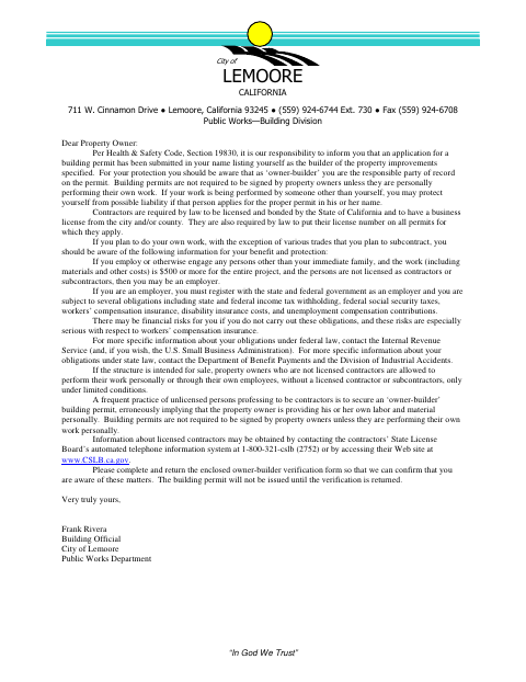 First page of the Owner-Builder Verification Letter and Form
