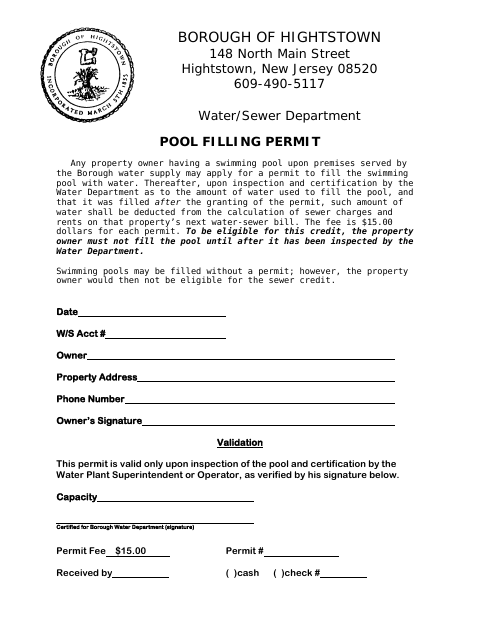 First page of the Pool Filling Permit