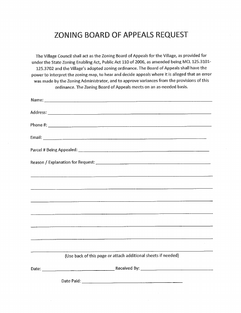 First page of the Zoning Board of Appeals Request