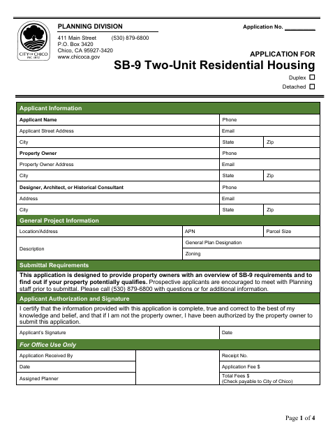 First page of the SB-9 Two-Unit Residential Housing Application