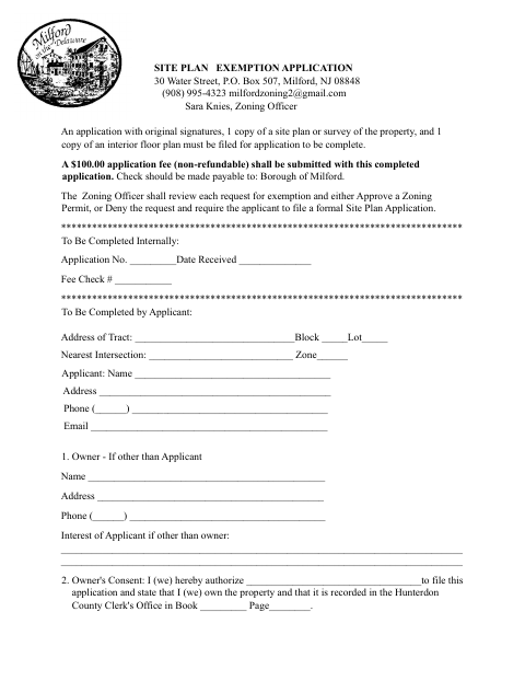 First page of the Site Plan Exemption Application