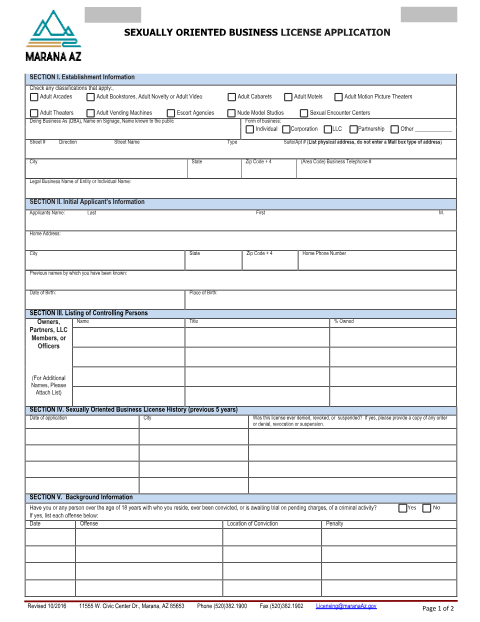 First page of the Sexually Oriented Business License Application