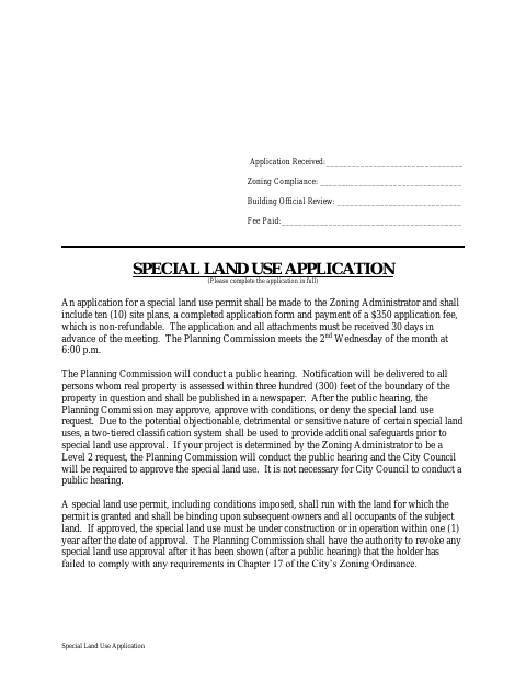 First page of the Special Land Use Application