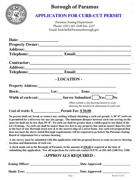 First page of the Application for Curb-Cut Permit