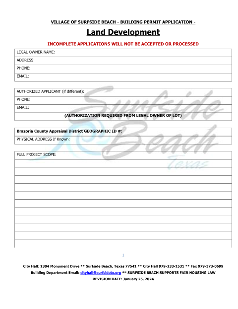 First page of the Building Permit Application – Land Development