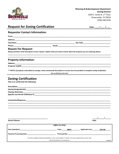 First page of the Request for Zoning Certification