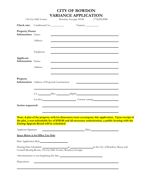 First page of the Variance Application