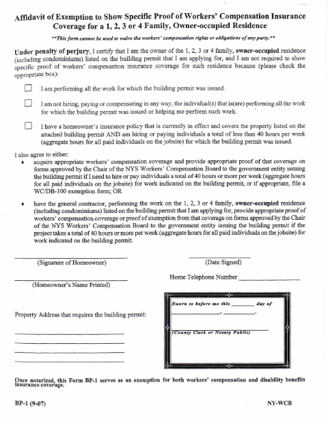 First page of the Affidavit of Exemption for Workers’ Compensation Coverage