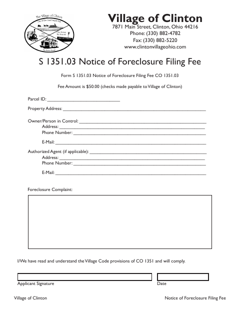 First page of the Notice of Foreclosure Filing Fee