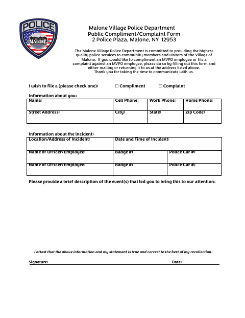 First page of the Police Employee Compliment/Complaint Form