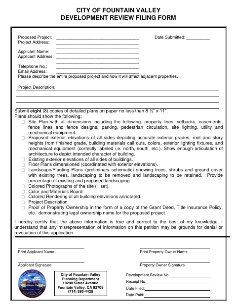 First page of the Development Review Filing Form