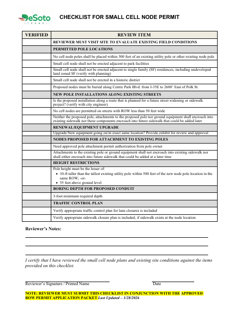 First page of the Checklist for Small Cell Node Permit