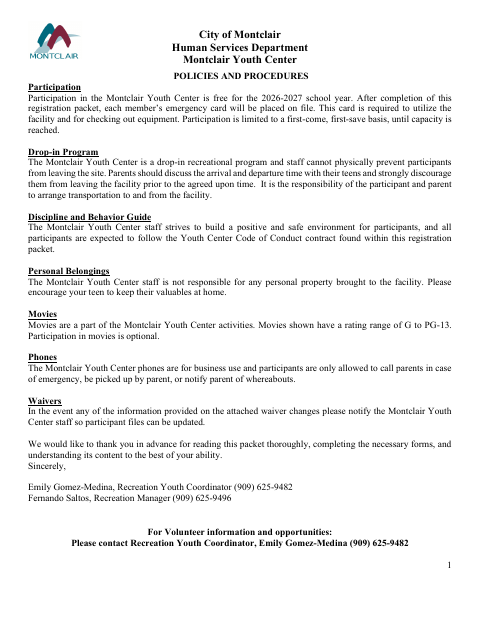 First page of the Montclair Youth Center Registration Form