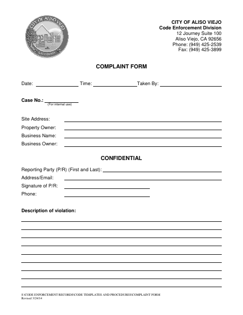 First page of the Code Enforcement Complaint Form