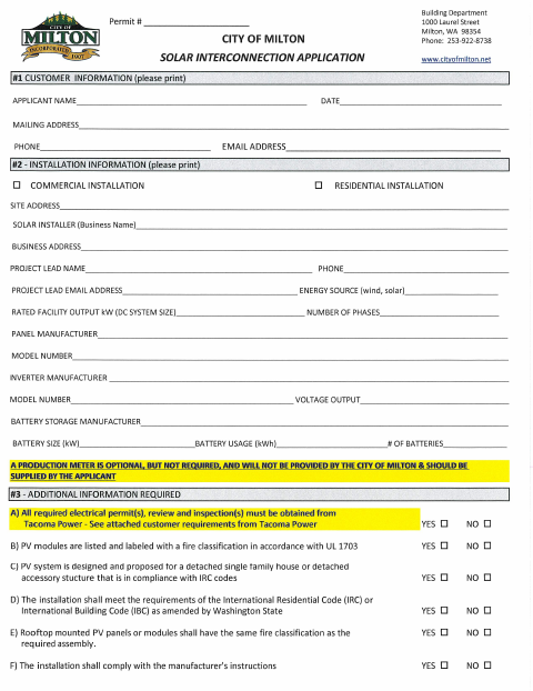 First page of the Solar Interconnection Permit Application