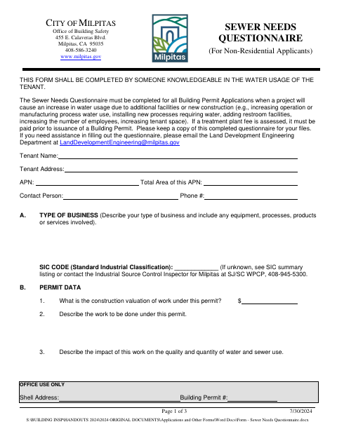 First page of the Sewer Needs Questionnaire