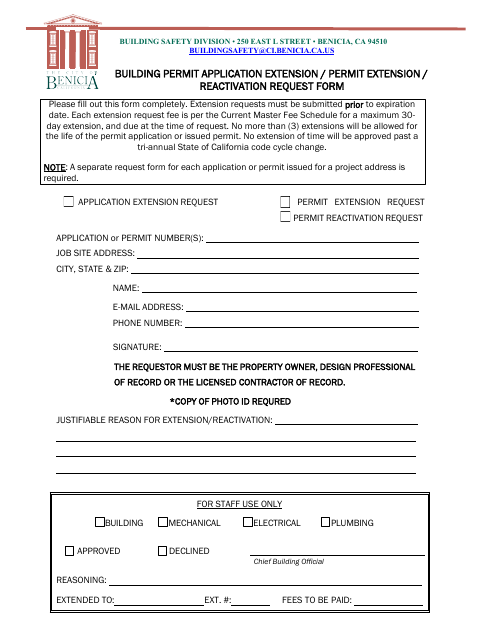 First page of the Building Permit Extension and Reactivation Request