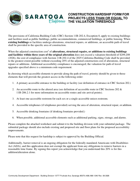 First page of the Construction Hardship Form for Projects at or Below the Valuation Threshold