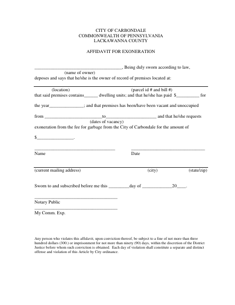 First page of the Affidavit for Exoneration