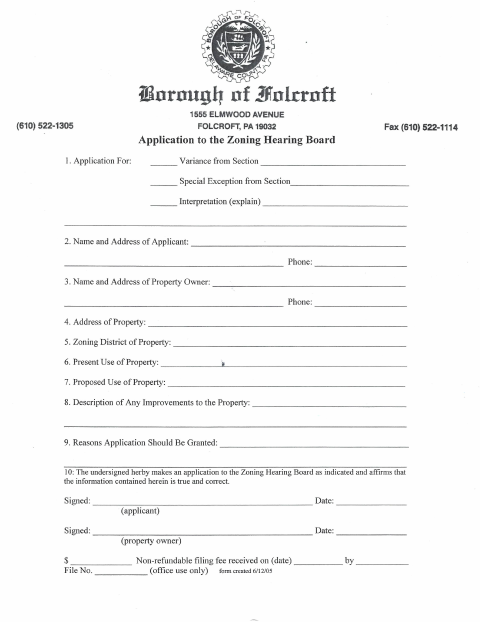 First page of the Zoning Hearing Board Application