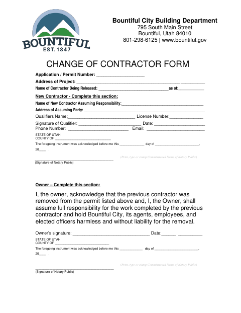 First page of the Change of Contractor Form